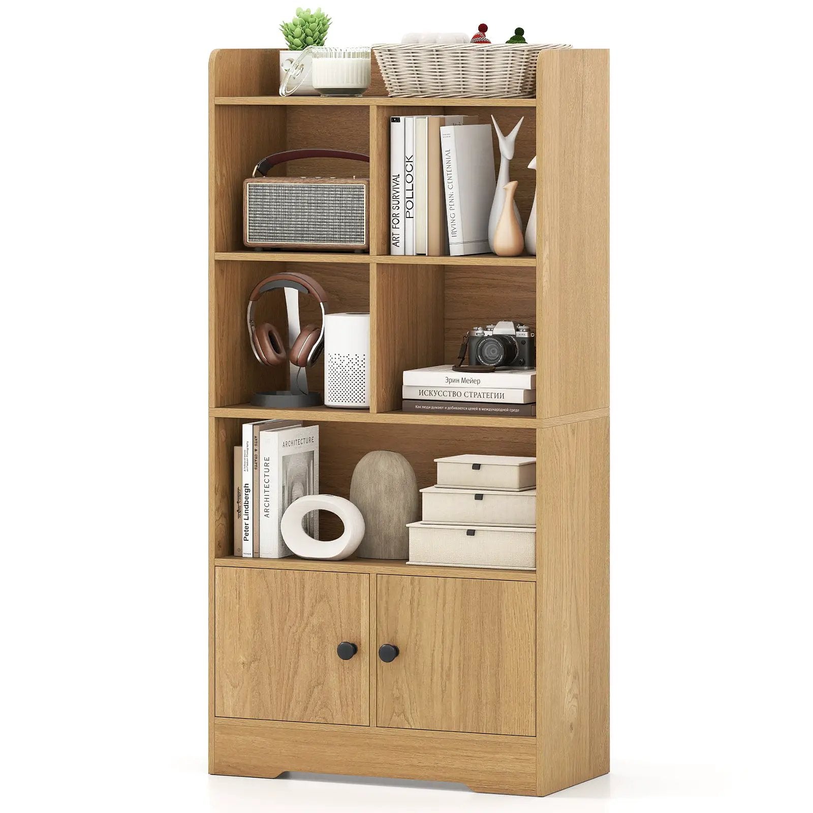4 Tiers Bookshelf with 4 Cubes Display Shelf and 2 Doors by DirectDeals