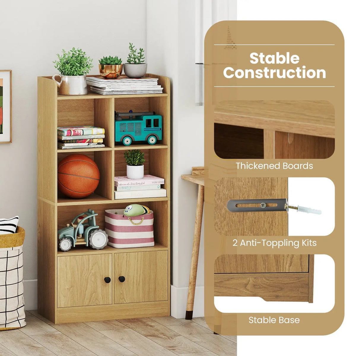 4 Tiers Bookshelf with 4 Cubes Display Shelf and 2 Doors, photo 24 of 24