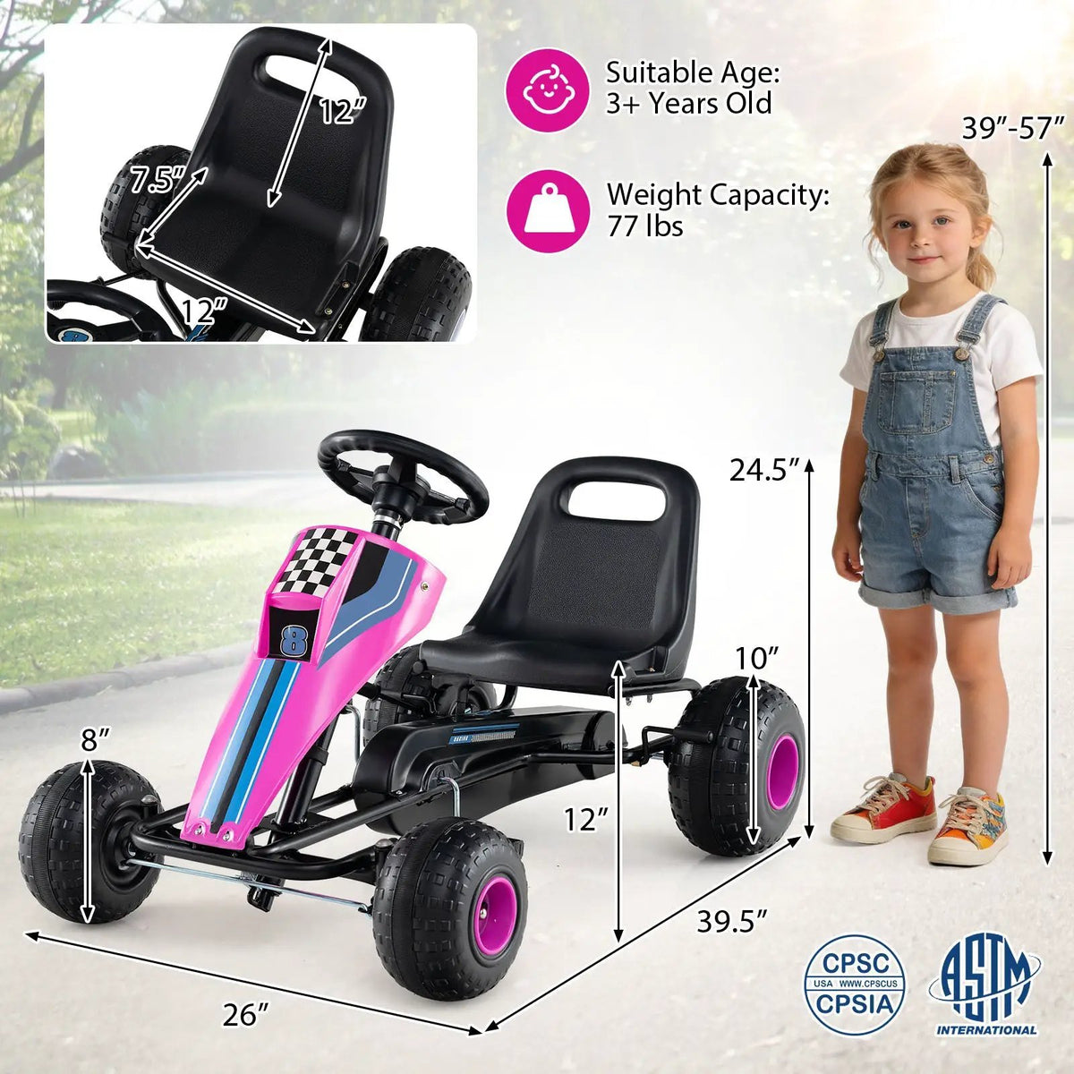 4-Wheel Ride On Toy Pedal Go Kart for Kids with Steering Wheel and Safe Handbrake, photo 10 of 16