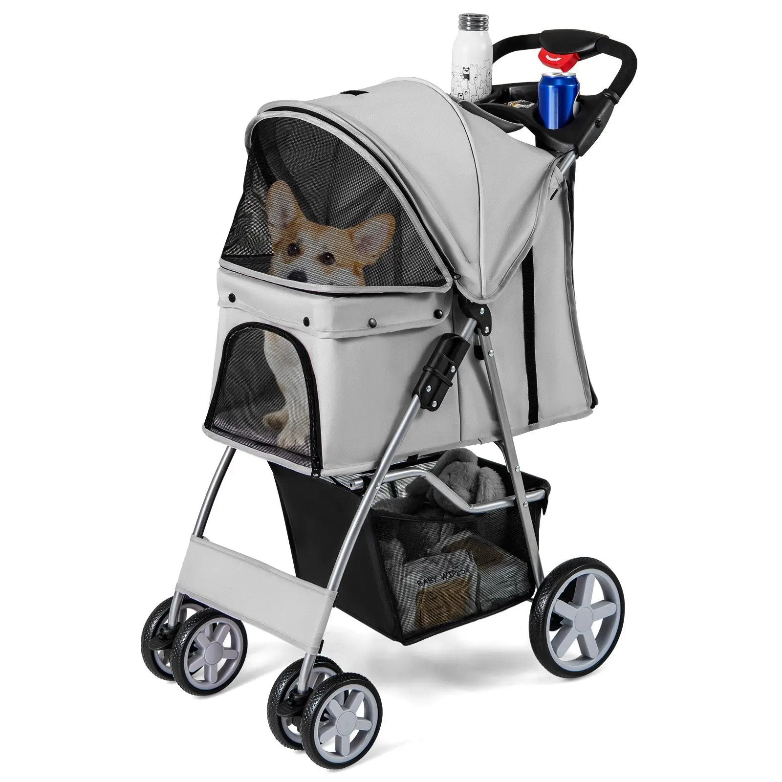 Folding Pet Stroller with Storage Basket and Adjustable Canopy by DirectDeals