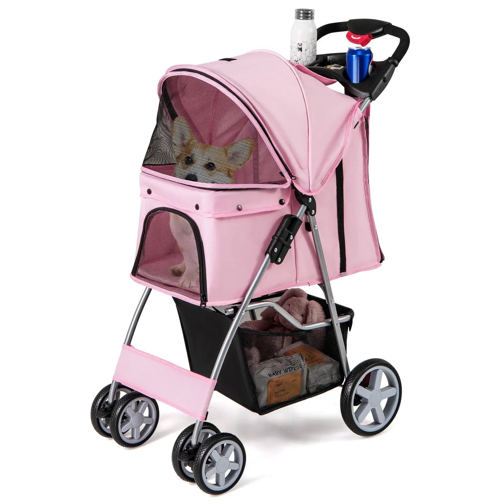 Folding Pet Stroller with Storage Basket and Adjustable Canopy by DirectDeals