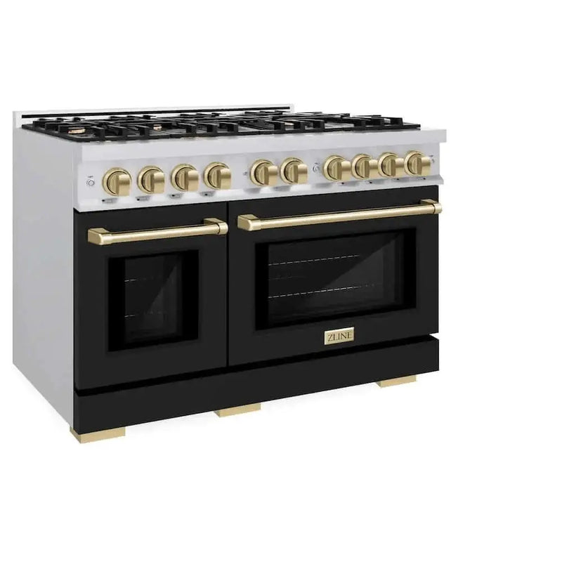 ZLINE 48" Select Gas Range Convection Gas Oven Stainless Steel Black Matte Doors Champagne Bronze HGRZ-BLM-48-CB by Farmhouse Kitchen and Bath