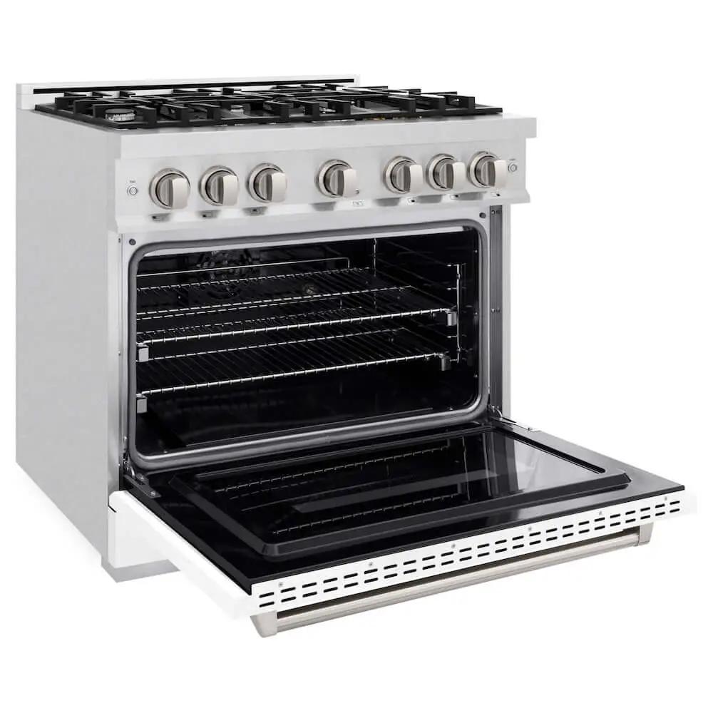 ZLINE 36" Dual Fuel Range, Gas Cooktop, Electric Convection Oven DuraSnow® Stainless Steel, White Matte Door CDRS-WM-36 by Farmhouse Kitchen and Bath