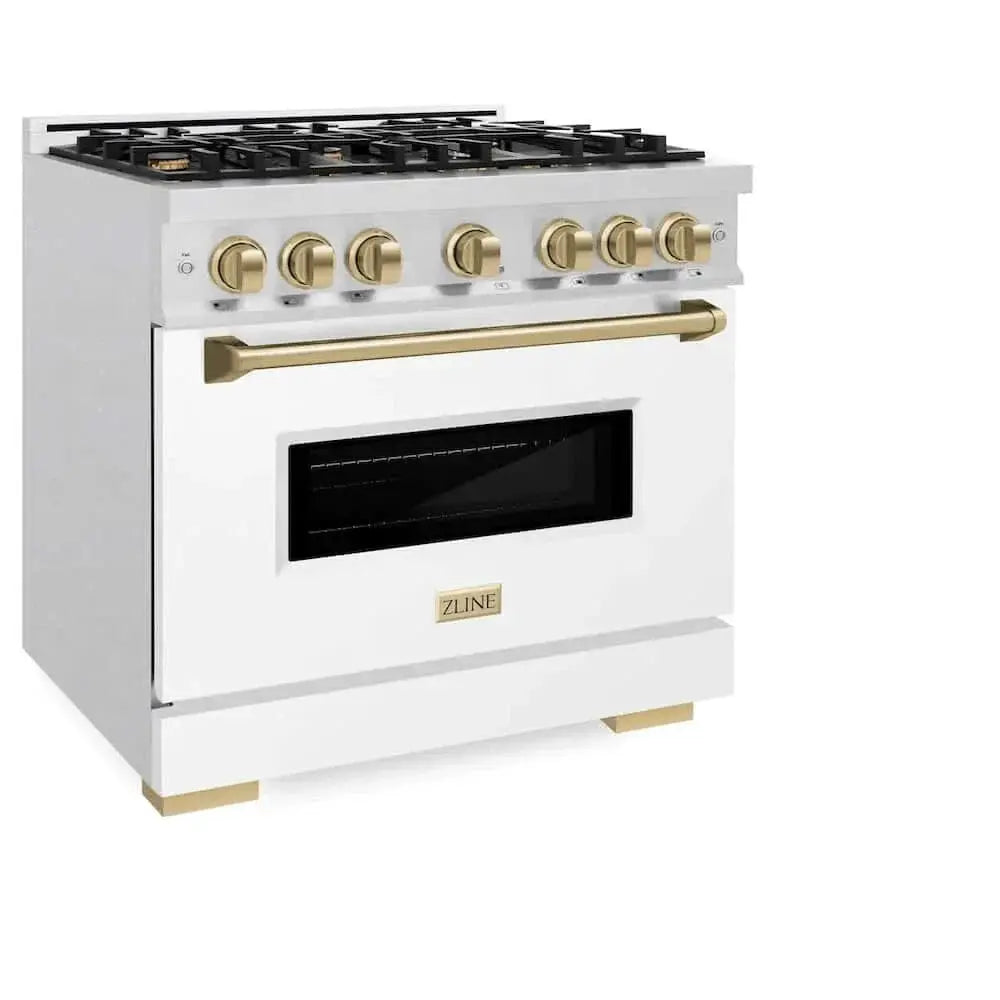 ZLINE 36"Classic Gas Range, Convection Gas Oven, DuraSnow® Stainless Steel, White Matte Door Champagne Bronze CGRSZ-WM-36-CB by Farmhouse Kitchen and Bath