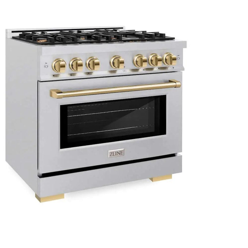 ZLINE 36" Select Dual Fuel Range Gas Cooktop Electric Convection Oven DuraSnow® Stainless Steel Gold HDRSZ-36-G by Farmhouse Kitchen and Bath
