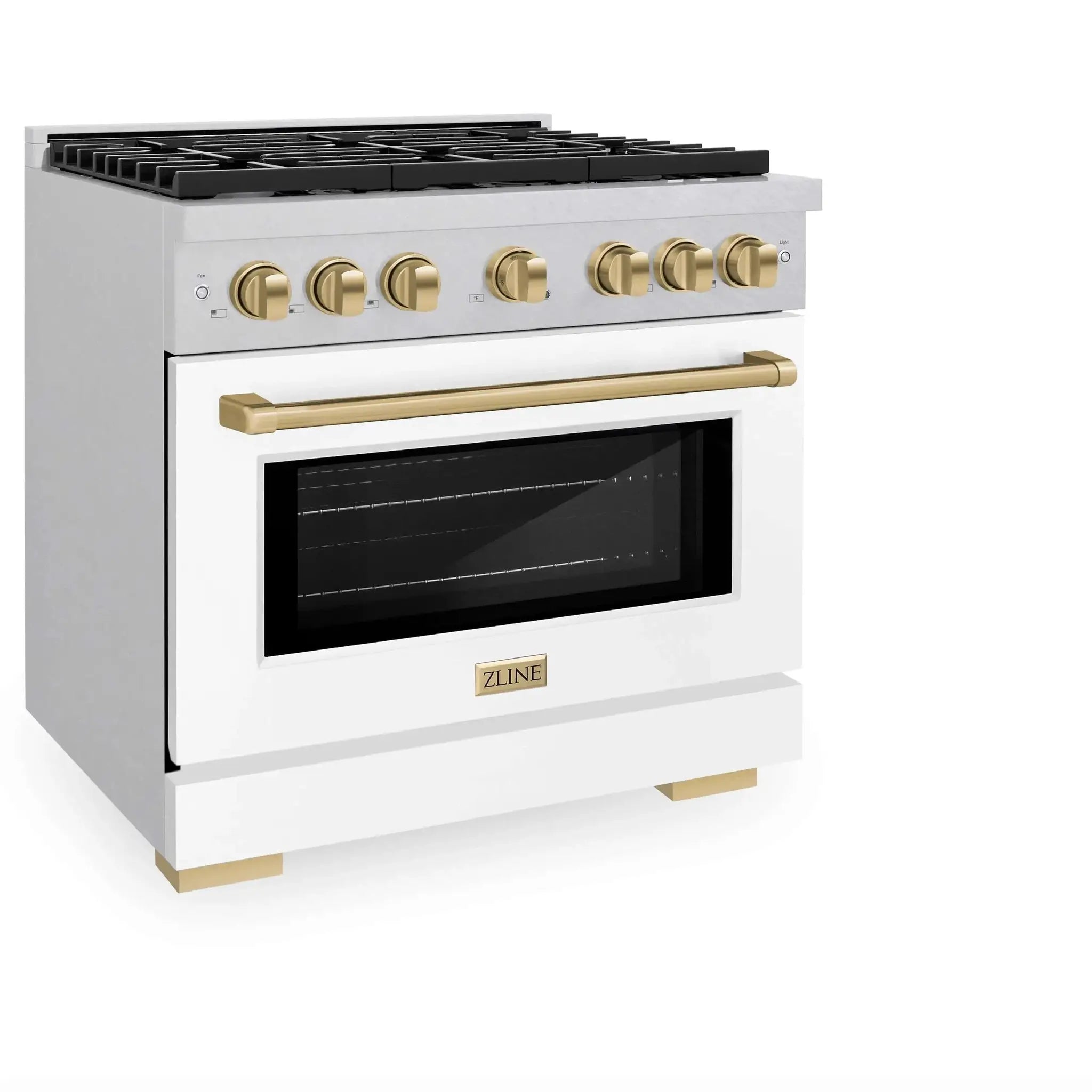 ZLINE 36"Paramount Dual Fuel Range DuraSnow® White Matte, Champagne Bronze SDRSZ-WM-36-CB by Farmhouse Kitchen and Bath