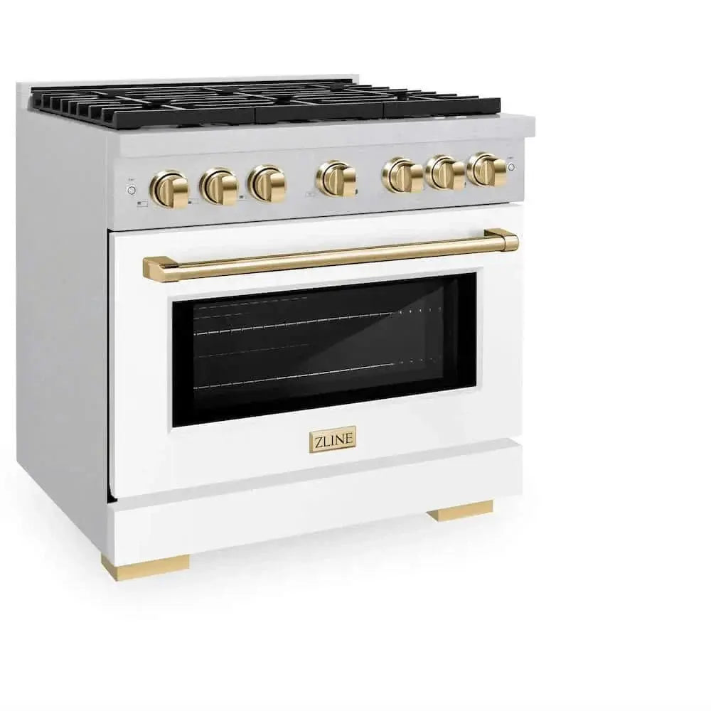 ZLINE 36"Gas Range, Convection Gas Oven, DuraSnow® White Matte, Gold SGRSZ-WM-36-G by Farmhouse Kitchen and Bath