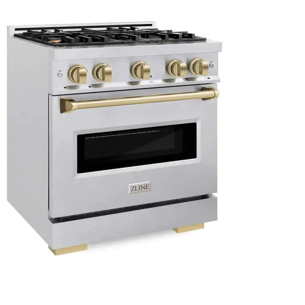 ZLINE 30" Dual Fuel Range, Gas Cooktop, Electric Convection Oven DuraSnow® Stainless Steel, Champagne Bronze CDRSZ-30-CB by Farmhouse Kitchen and Bath