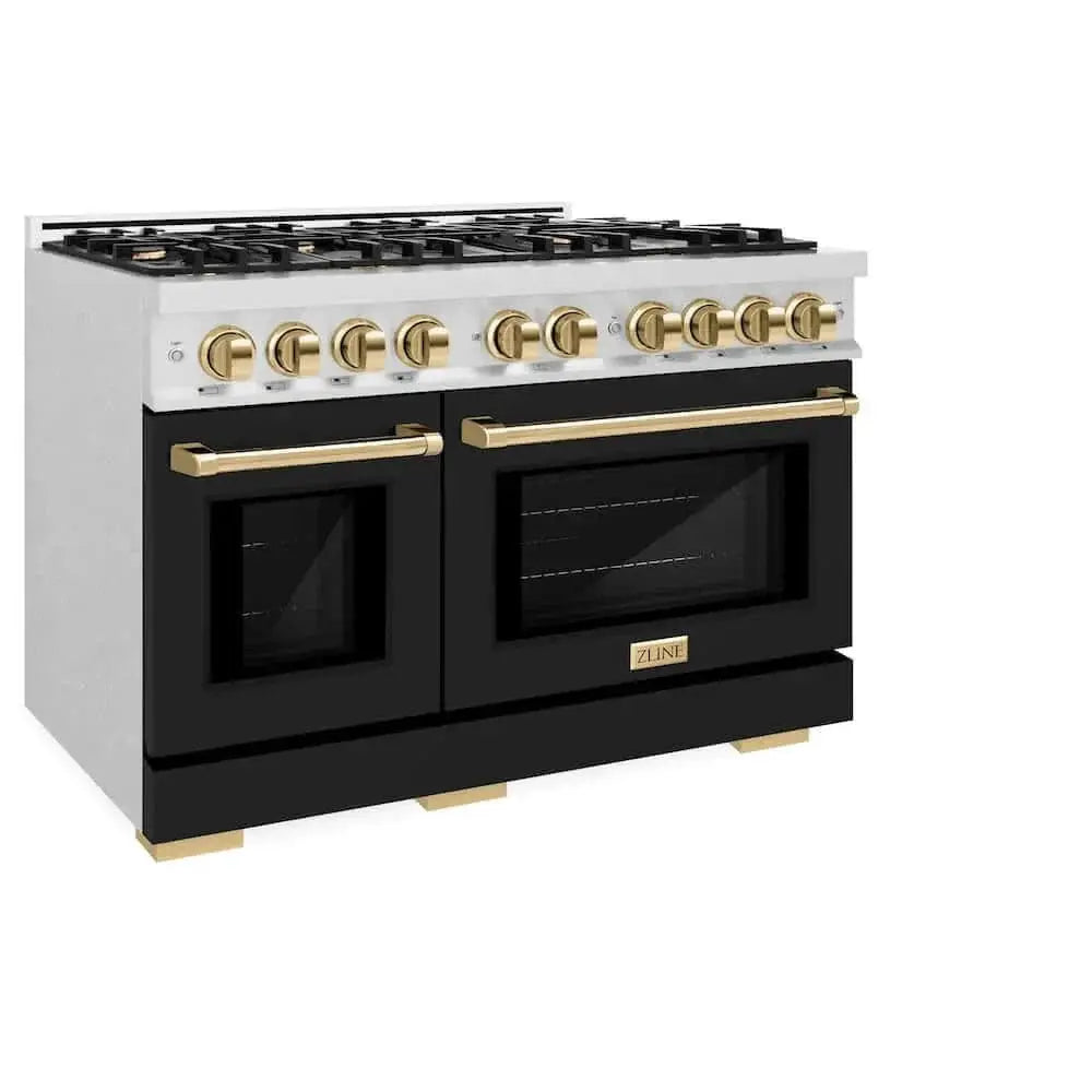 ZLINE 48" Select Gas Range Convection Gas Oven DuraSnow® Stainless Steel Black Matte Door Gold HGRSZ-BLM-48-G by Farmhouse Kitchen and Bath