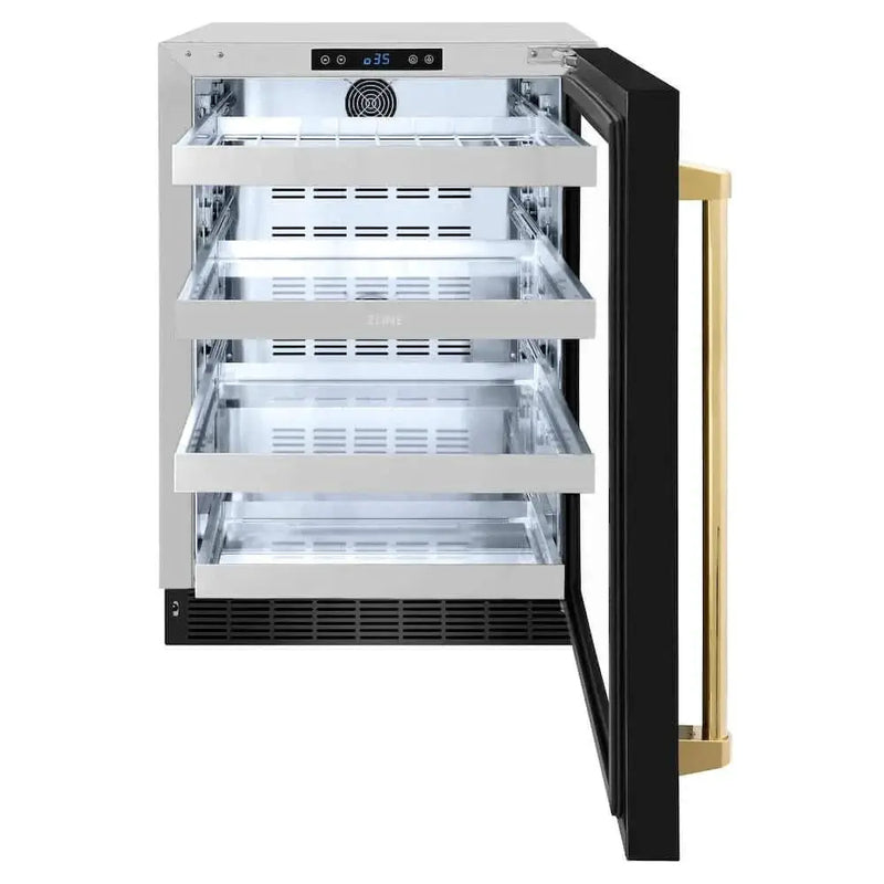 ZLINE 24" Touchstone 151 Can Beverage Fridge Black Stainless Steel Glass Door Gold Handle RBSOZ-BS-24-G by Farmhouse Kitchen and Bath