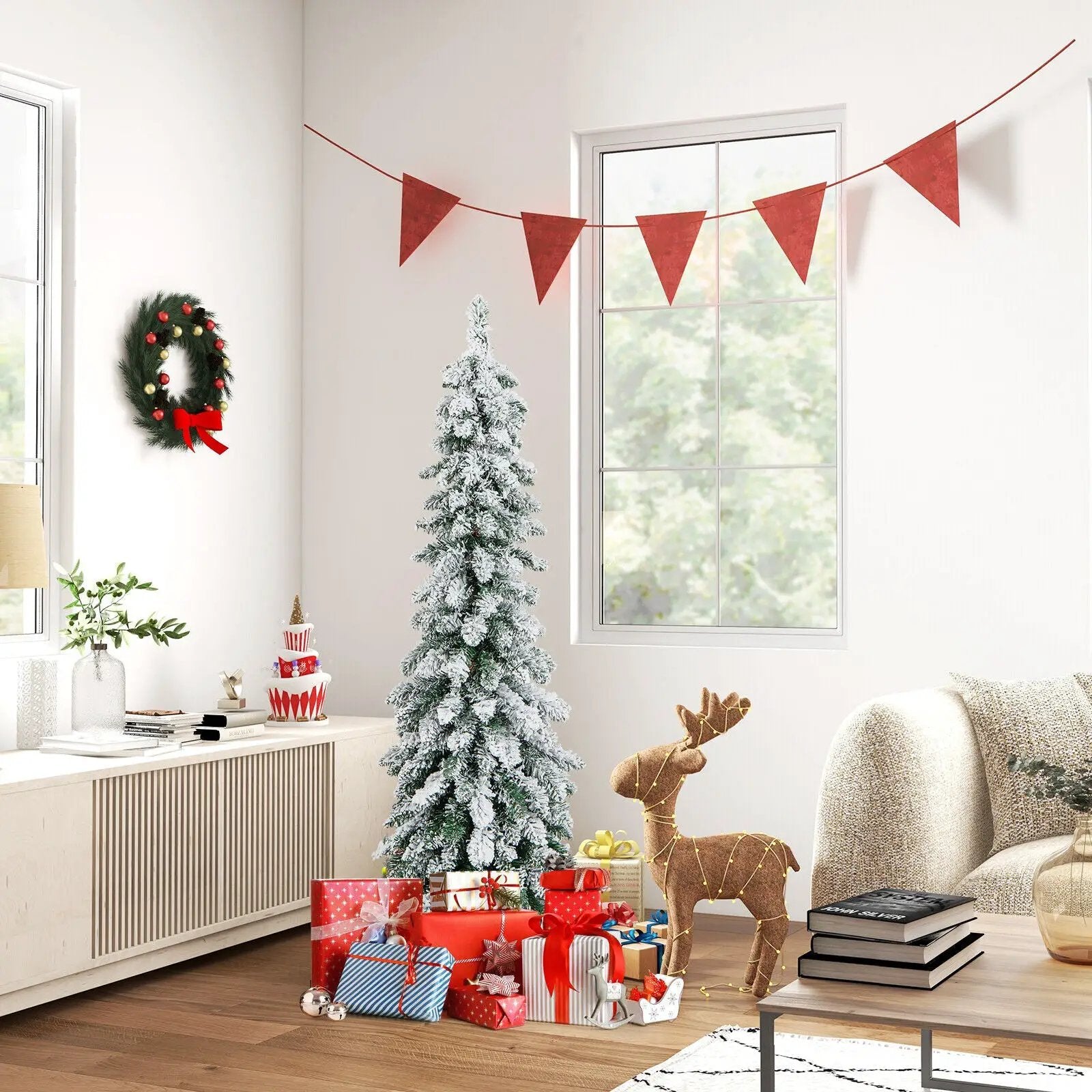 4/5/6 Feet Pre-Lit Artificial Christmas Tree Snow-Flocked Slim Pencil Xmas Decor-5 ft by DirectDeals