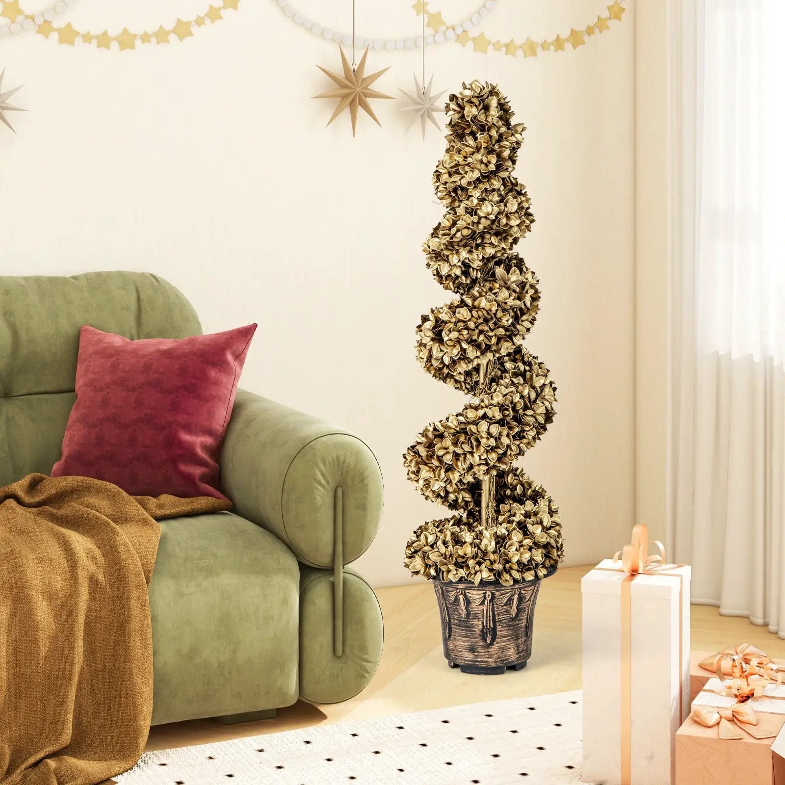 4 FT Artificial Topiary Spiral Tree Set of 2 with Vintage Plastic Nursery Pot-Gold by DirectDeals