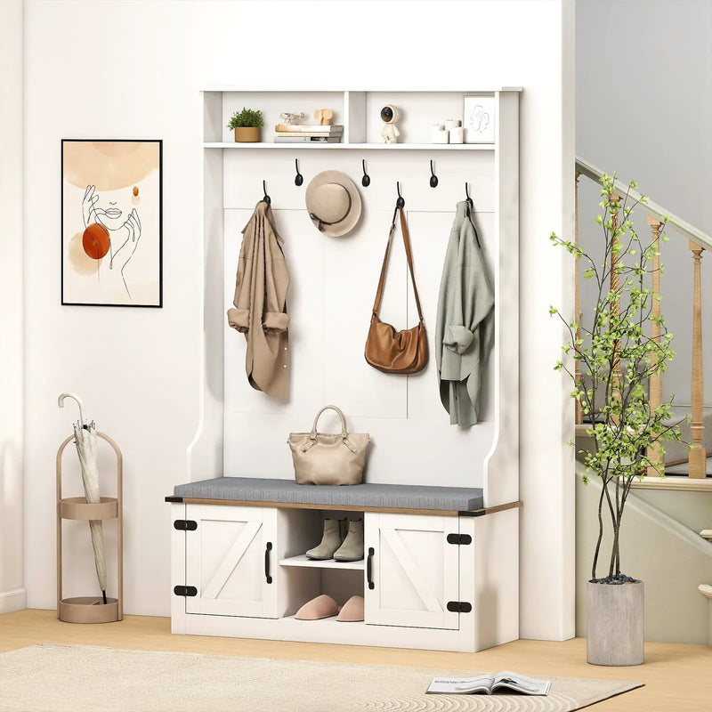 4-in-1 68.5 Inch Tall Coat Rack with Cushioned Bench and Shoe Storage-White by DirectDeals