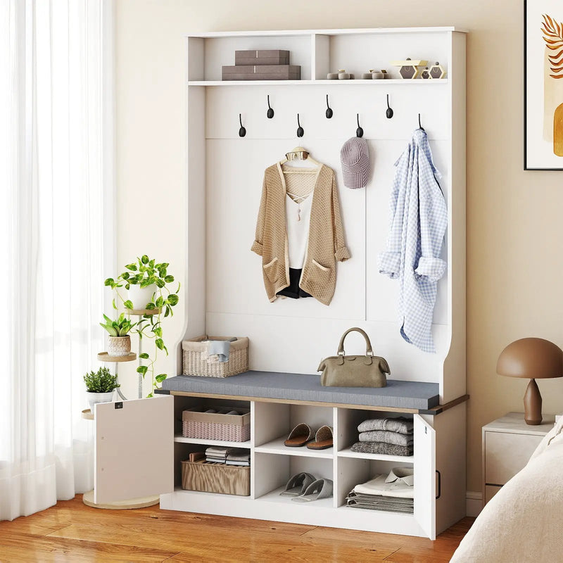 4-in-1 68.5 Inch Tall Coat Rack with Cushioned Bench and Shoe Storage-White by DirectDeals