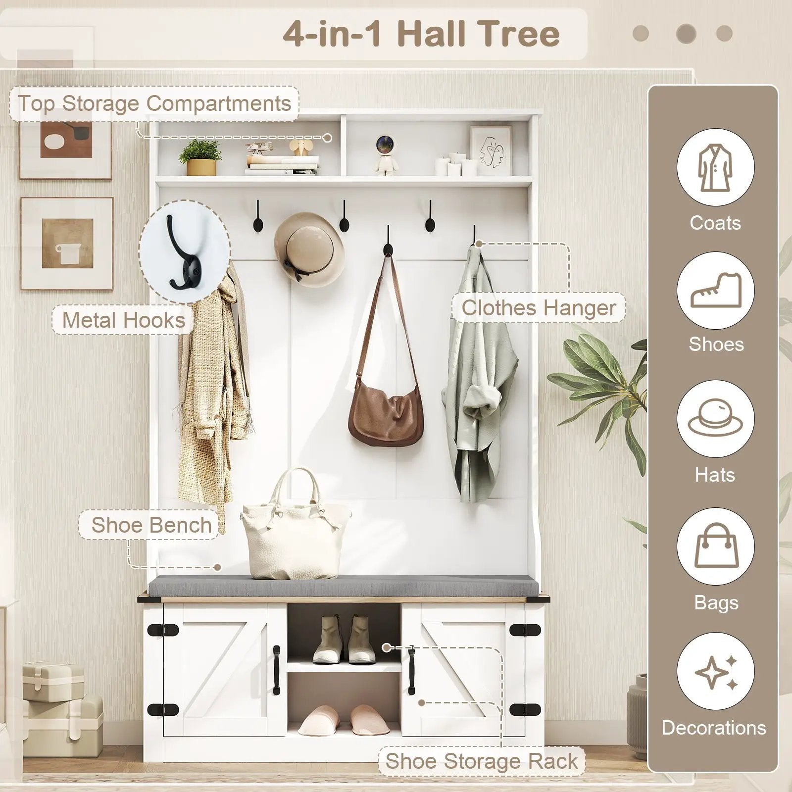 4-in-1 68.5 Inch Tall Coat Rack with Cushioned Bench and Shoe Storage-White by DirectDeals