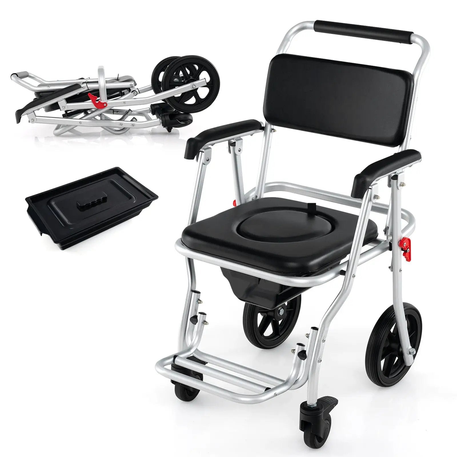 4-in-1 Foldable Bedside Commode Chair with Brakes and Bucket and Footrest by DirectDeals