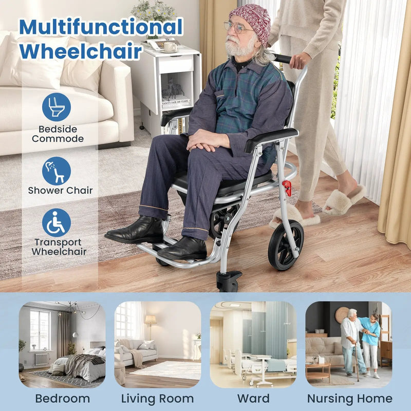 4-in-1 Foldable Bedside Commode Chair with Brakes and Bucket and Footrest by DirectDeals