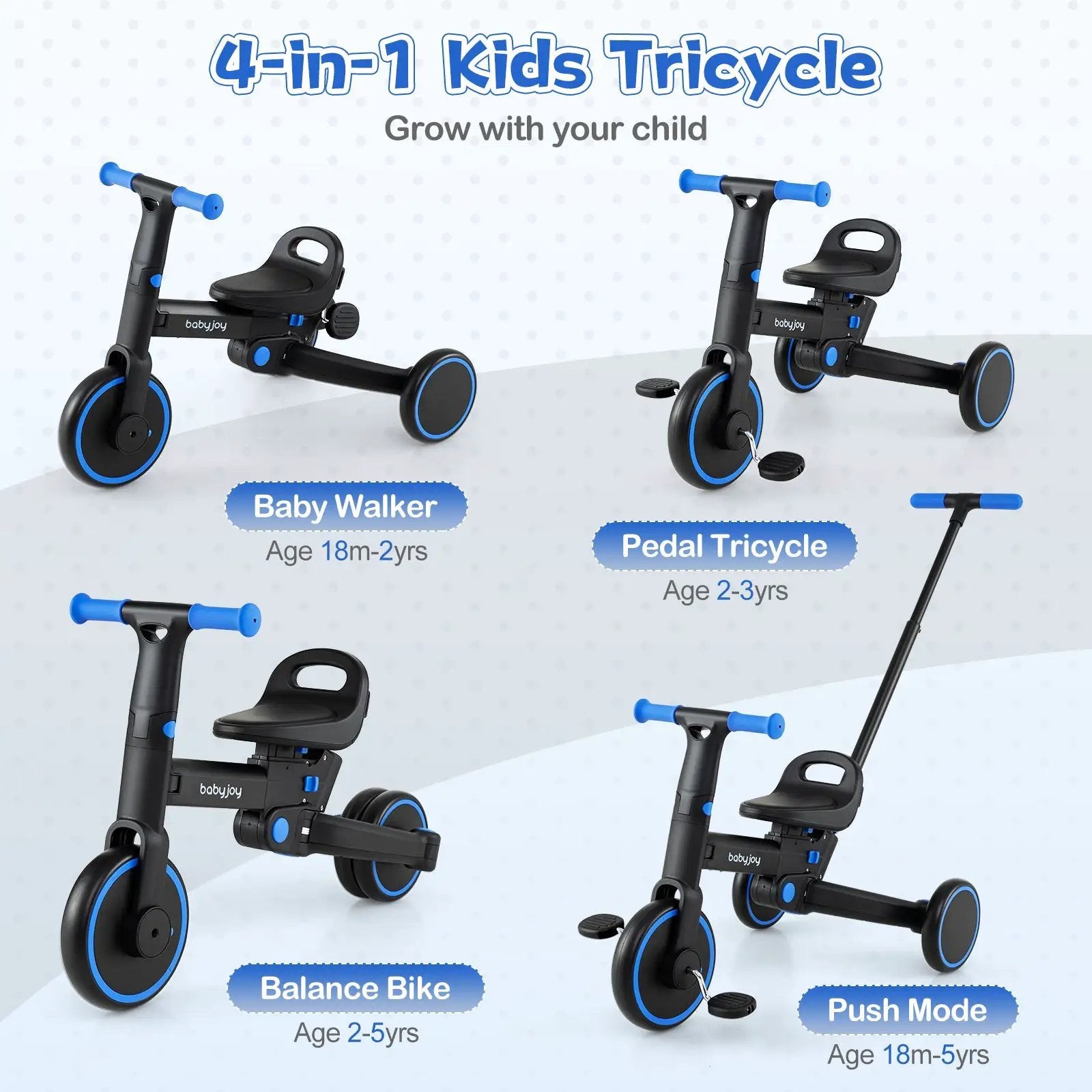 4-in-1 Foldable Toddler Tricycle with Push Handle with Adjustable Seat by DirectDeals