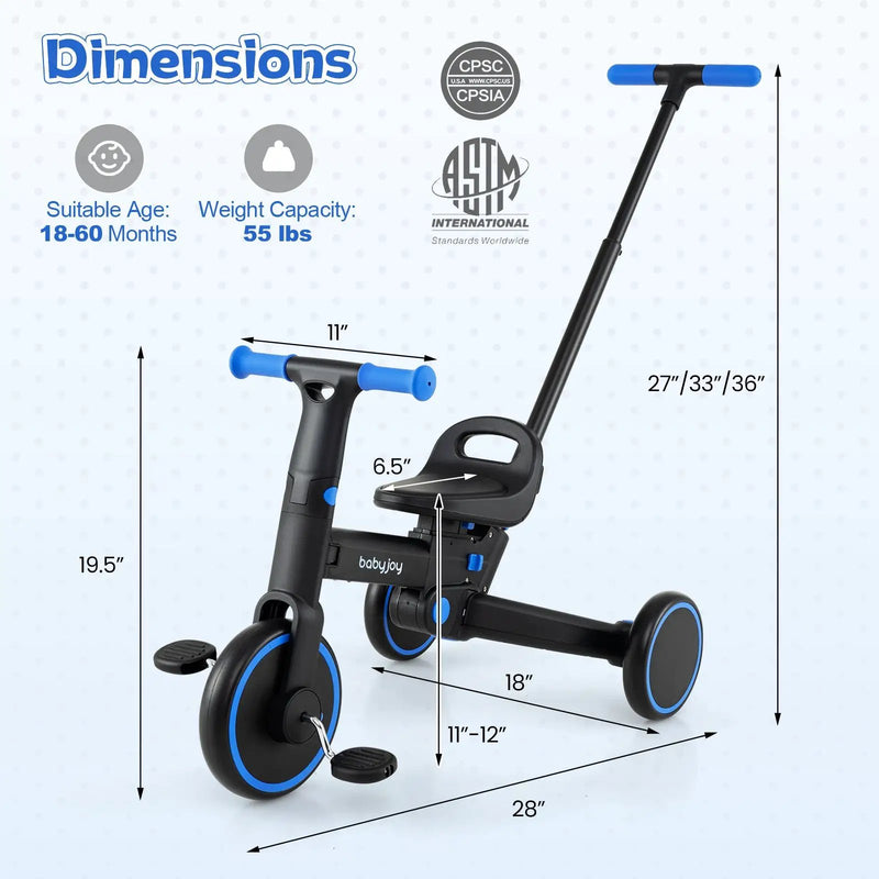 4-in-1 Foldable Toddler Tricycle with Push Handle with Adjustable Seat by DirectDeals