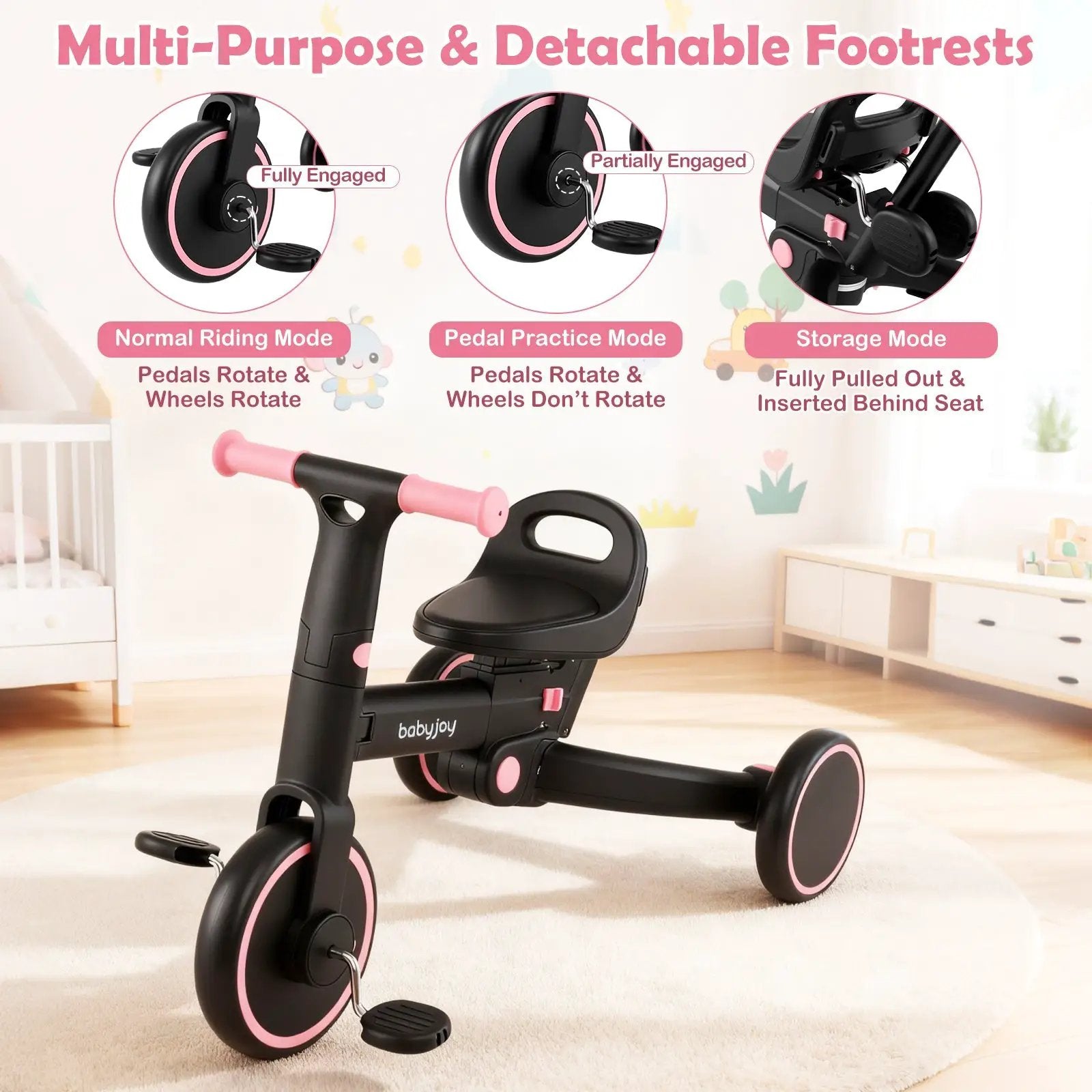 4-in-1 Foldable Toddler Tricycle with Push Handle with Adjustable Seat by DirectDeals