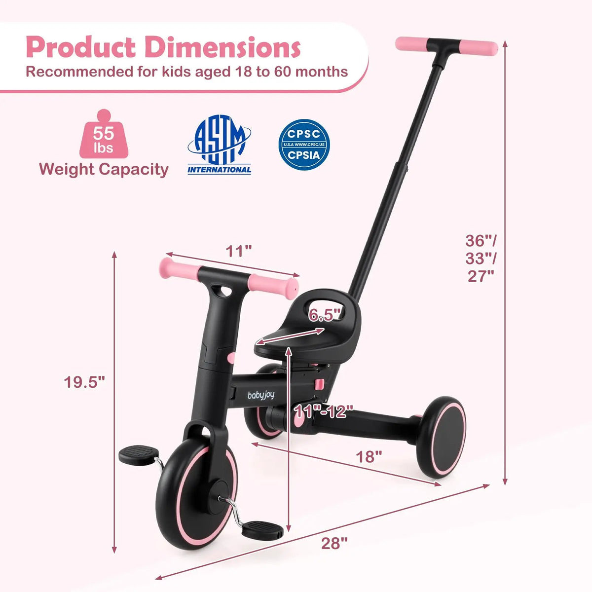 4-in-1 Foldable Toddler Tricycle with Push Handle with Adjustable Seat, photo 10 of 16