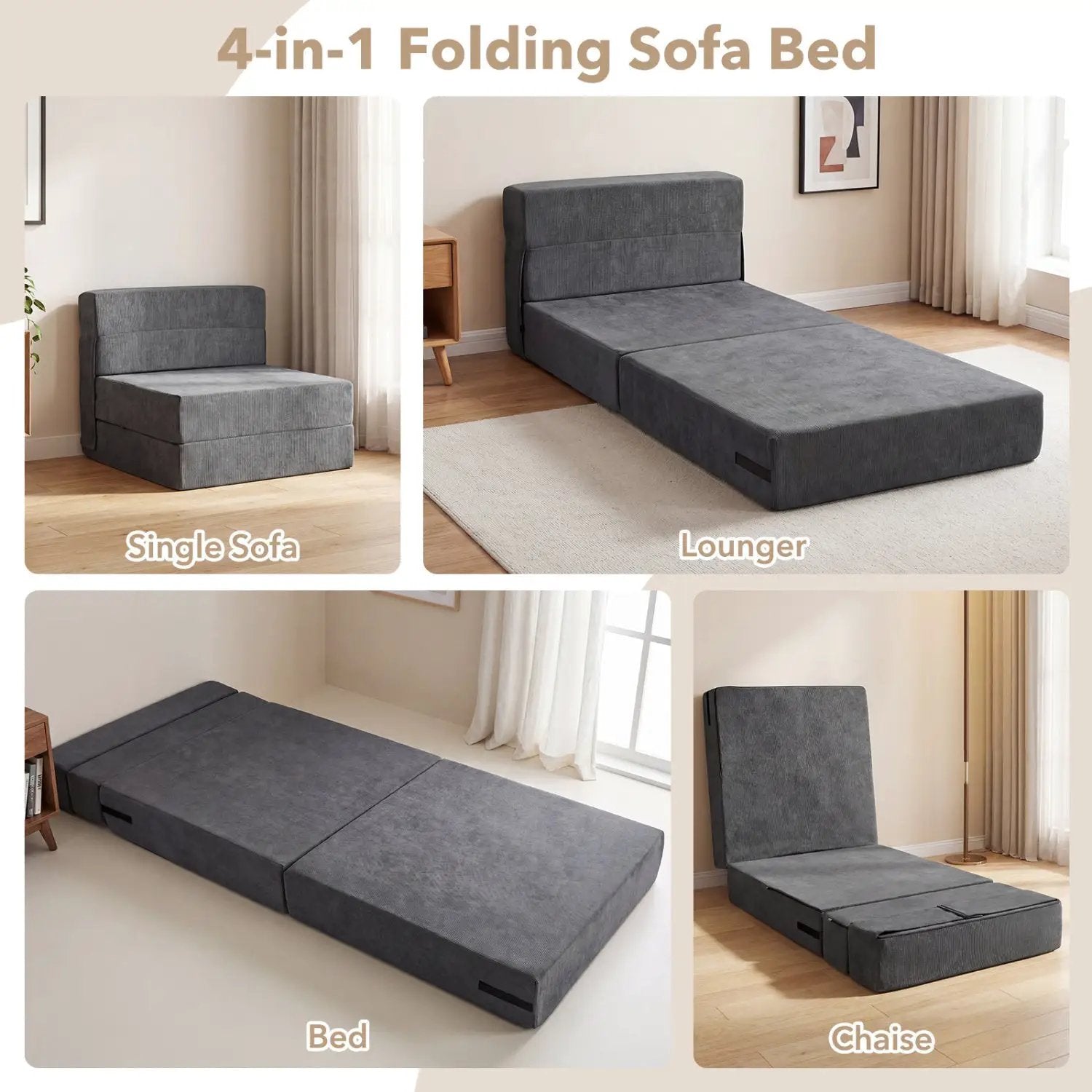 4-in-1 Folding Sofa Bed with Corduroy Cover and Smooth Zipper for Living Room by DirectDeals