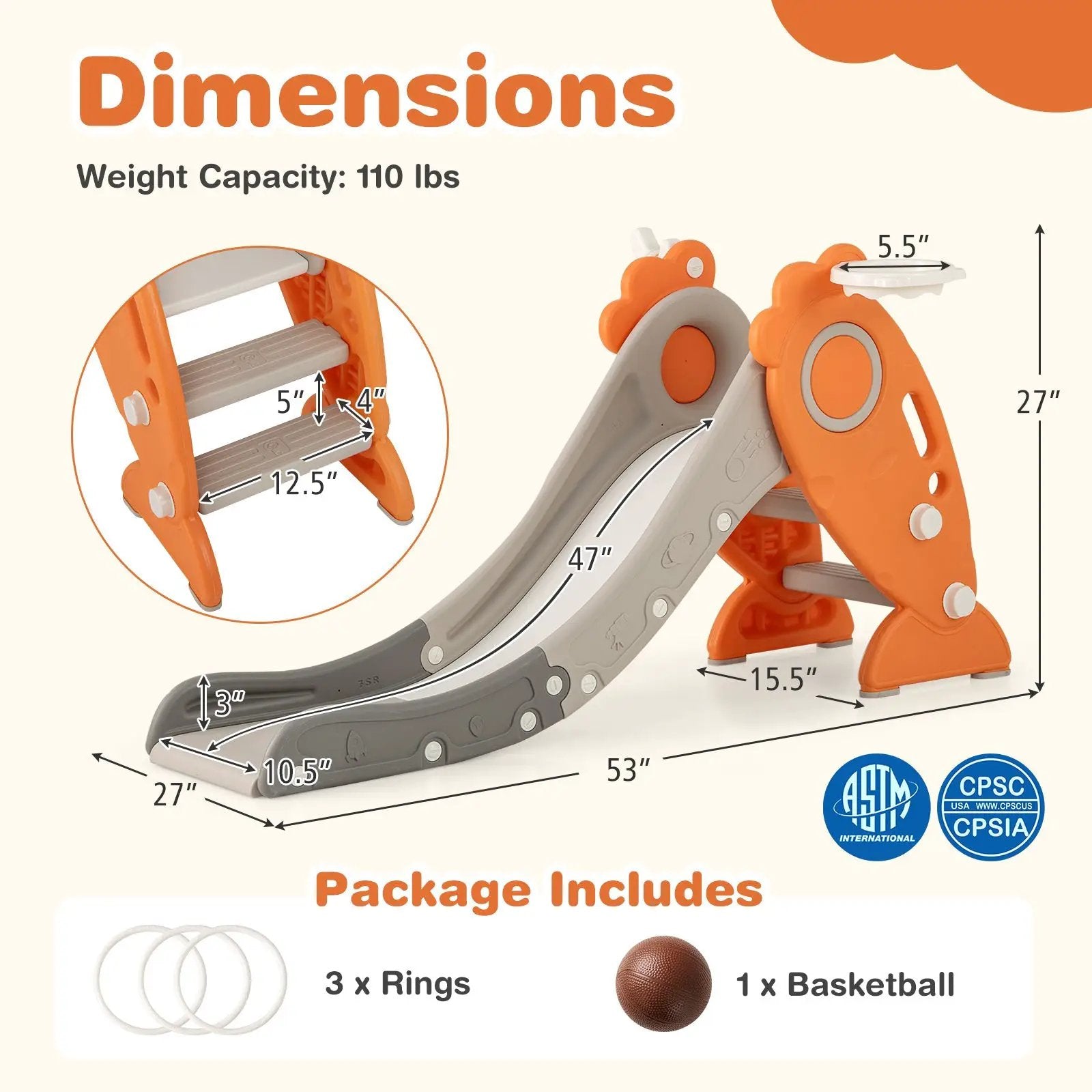 4 in 1 Indoor Slide for Kids Age 3+ Years with Basketball Hoop and Rings-Orange by DirectDeals