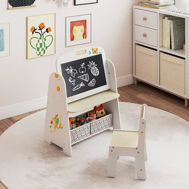4-in-1 Kids Table and Chair Set Art Easel with Magnetic Whiteboard and Bookshelf-Natural by DirectDeals