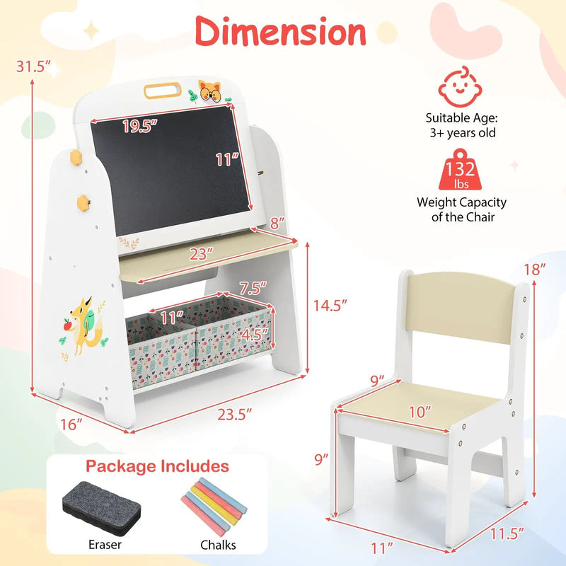 4-in-1 Kids Table and Chair Set Art Easel with Magnetic Whiteboard and Bookshelf-Natural by DirectDeals