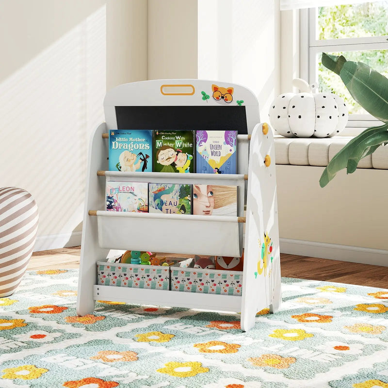 4-in-1 Kids Table and Chair Set Art Easel with Magnetic Whiteboard and Bookshelf-Natural by DirectDeals