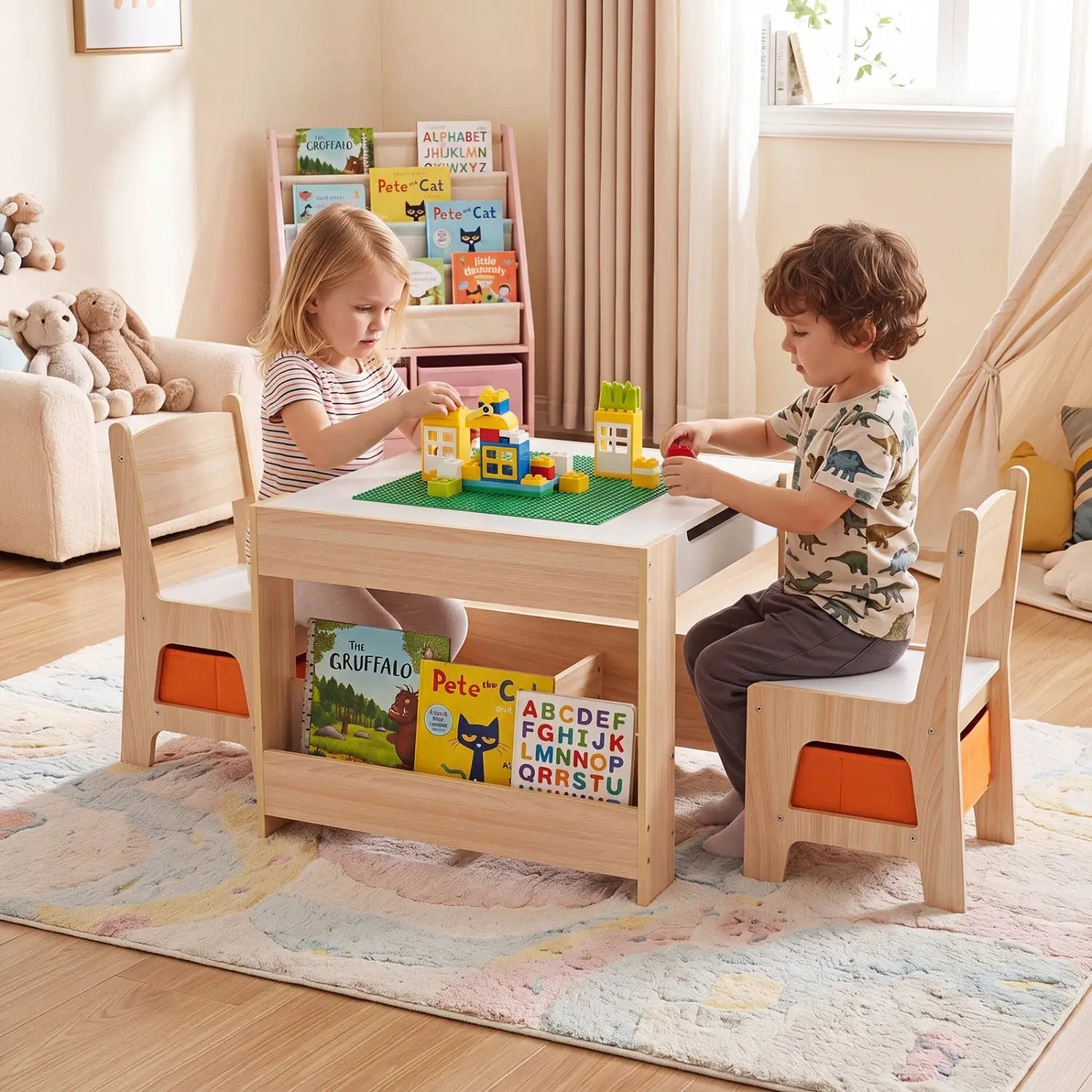 Kids Table and Chair Set with Building Blocks & Storage by DirectDeals