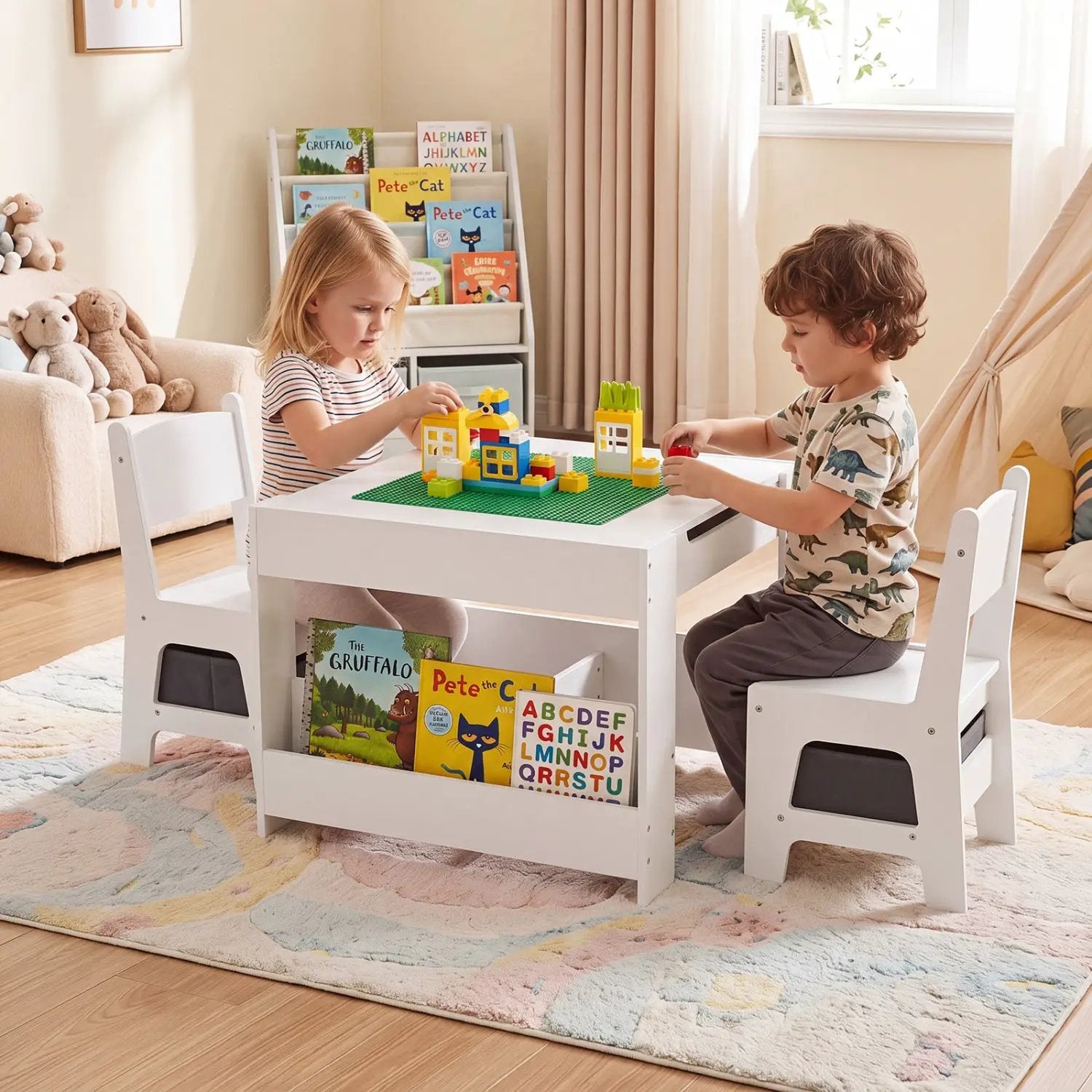 Kids Table and Chair Set with Building Blocks & Storage by DirectDeals