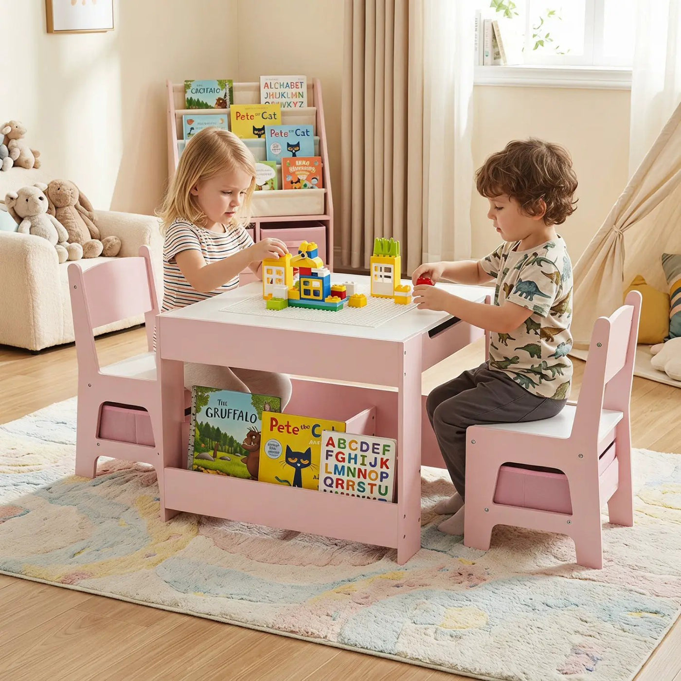 Kids Table and Chair Set with Building Blocks & Storage by DirectDeals