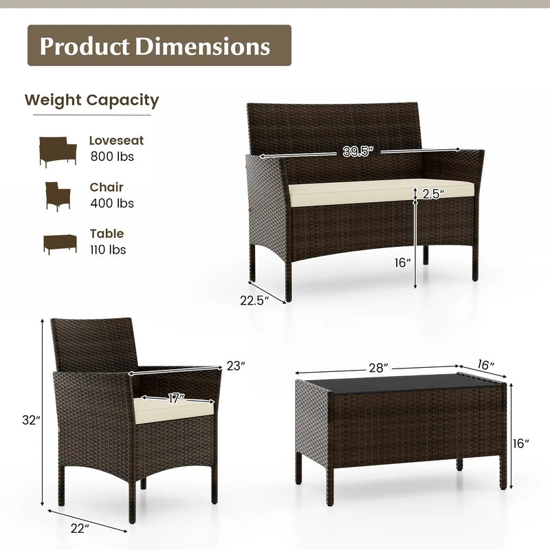 4 Piece Patio Rattan Conversation Set with Cozy Seat Cushions by DirectDeals