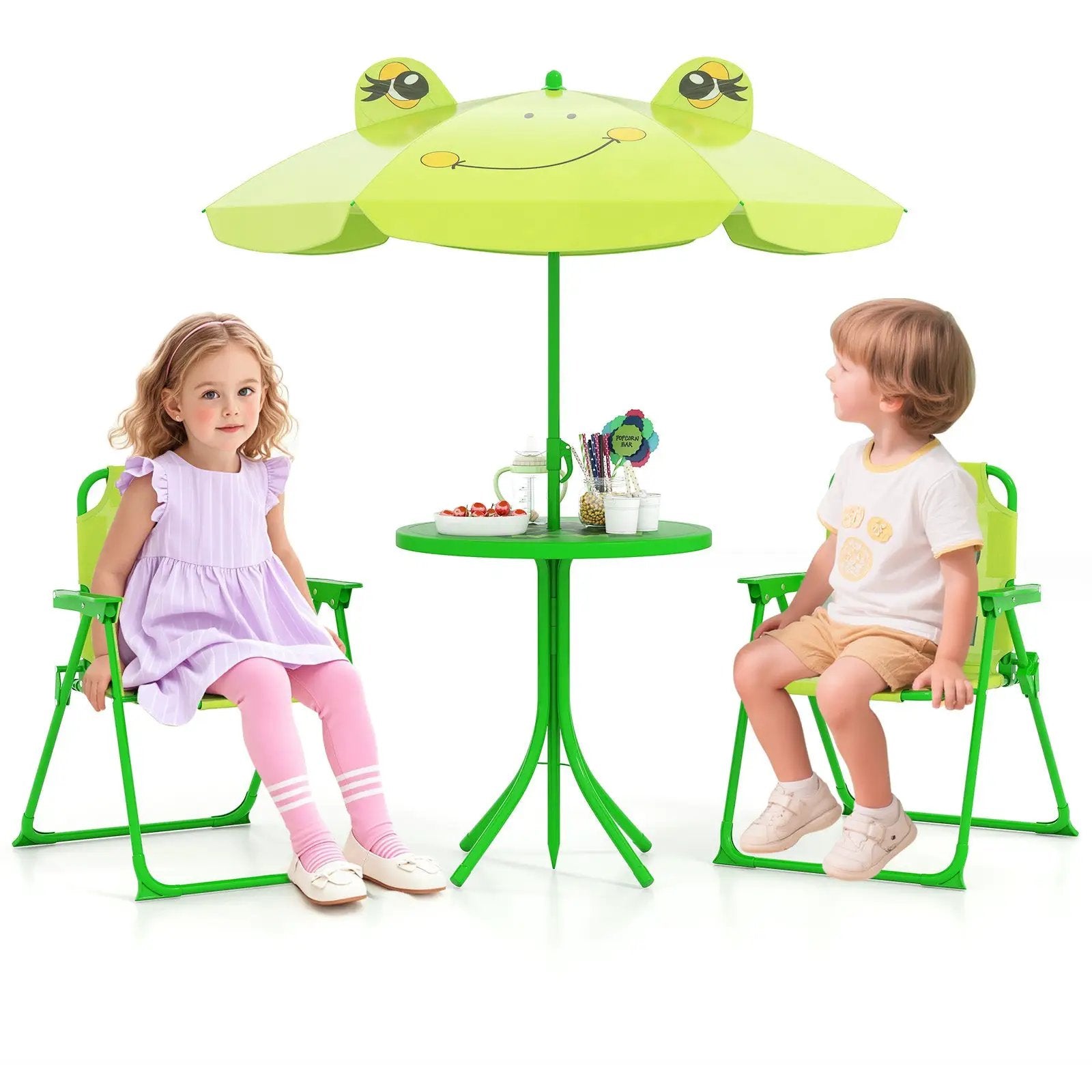 4 Pieces Kids Picnic Set with 2 Folding Chairs and Height Adjustable Umbrella by DirectDeals