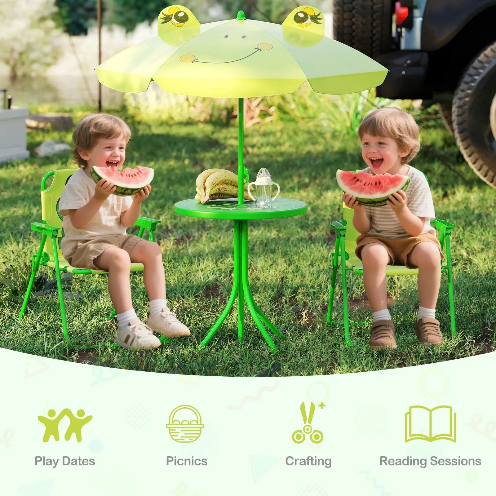 4 Pieces Kids Picnic Set with 2 Folding Chairs and Height Adjustable Umbrella by DirectDeals