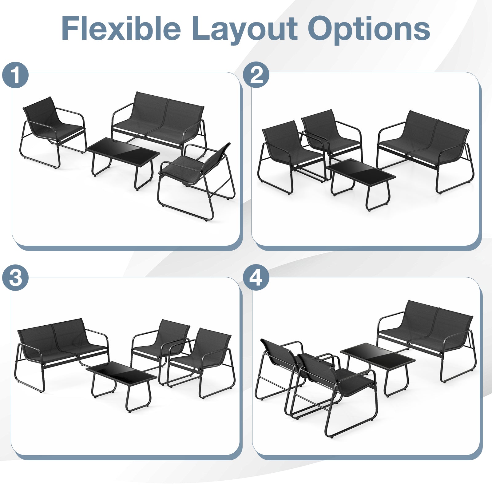 4 Pieces Patio Furniture Set Fabric Lawn Chairs and Loveseat with Glass Coffee Table by DirectDeals
