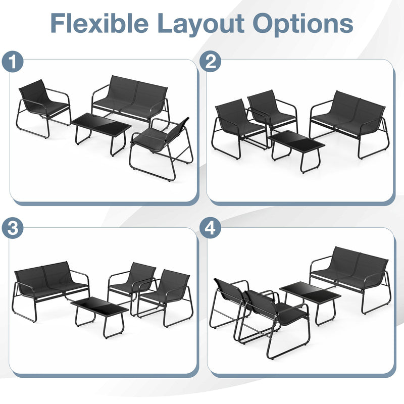 4 Pieces Patio Furniture Set Fabric Lawn Chairs and Loveseat with Glass Coffee Table by DirectDeals