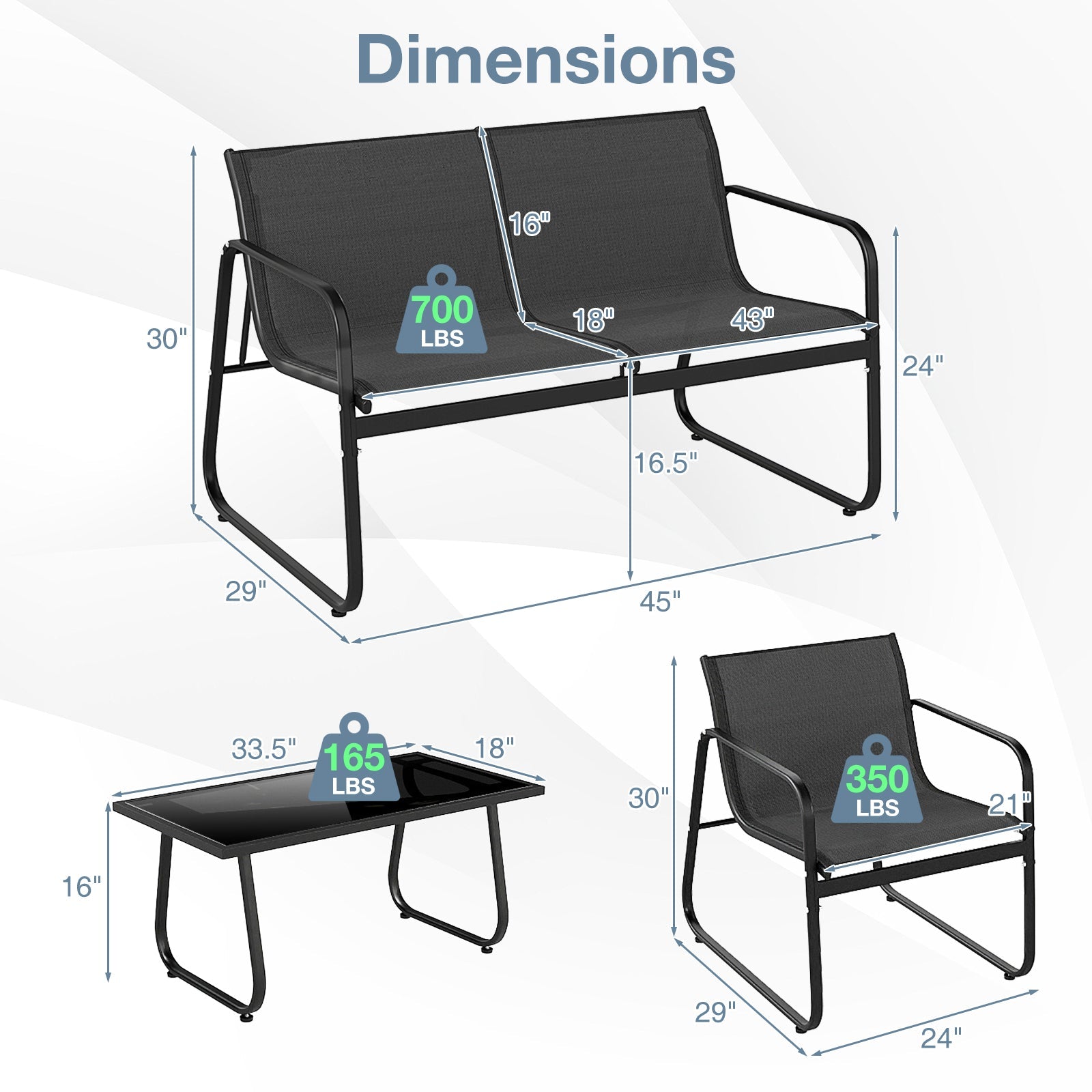 4 Pieces Patio Furniture Set Fabric Lawn Chairs and Loveseat with Glass Coffee Table by DirectDeals