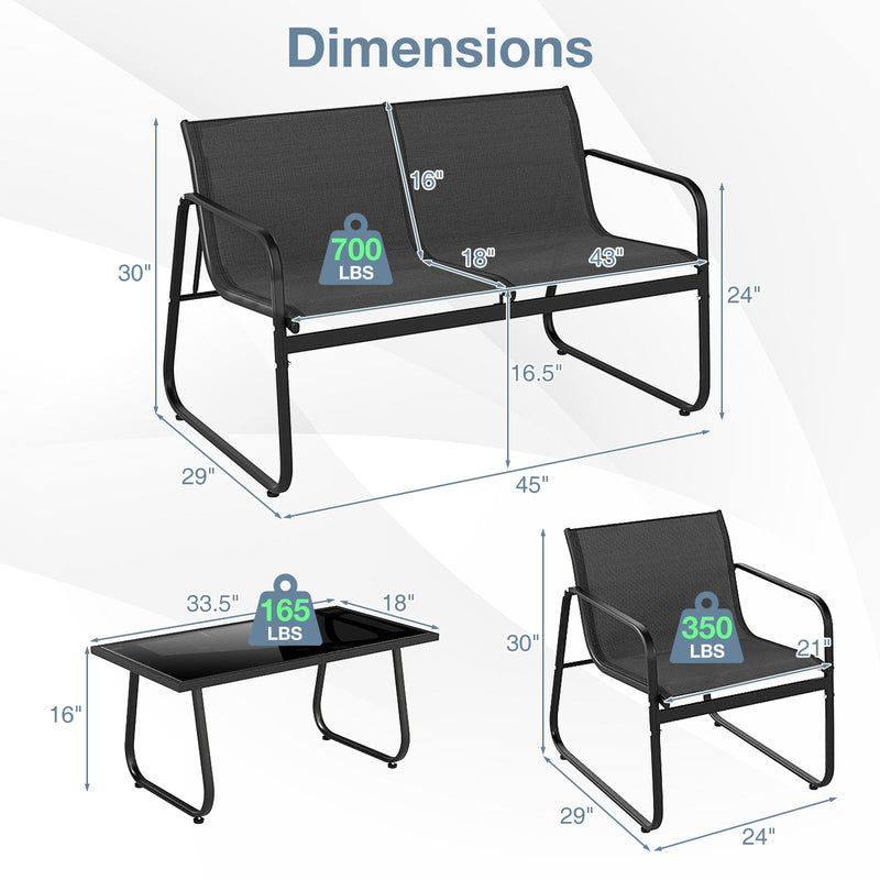 4 Pieces Patio Furniture Set Fabric Lawn Chairs and Loveseat with Glass Coffee Table by DirectDeals