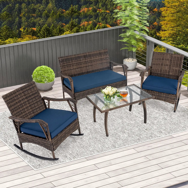 4 Pieces Wicker Rocking Set with Bungee Rope Seat for Porch Yard-Navy by DirectDeals