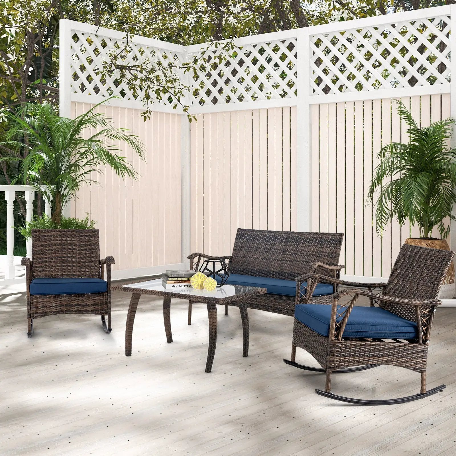 4 Pieces Wicker Rocking Set with Bungee Rope Seat for Porch Yard-Navy by DirectDeals