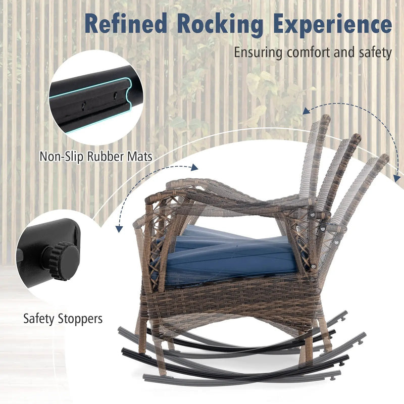 4 Pieces Wicker Rocking Set with Bungee Rope Seat for Porch Yard-Navy by DirectDeals