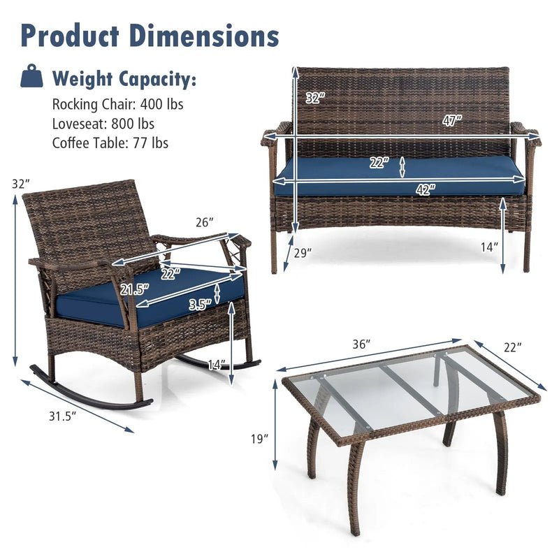 4 Pieces Wicker Rocking Set with Bungee Rope Seat for Porch Yard-Navy by DirectDeals