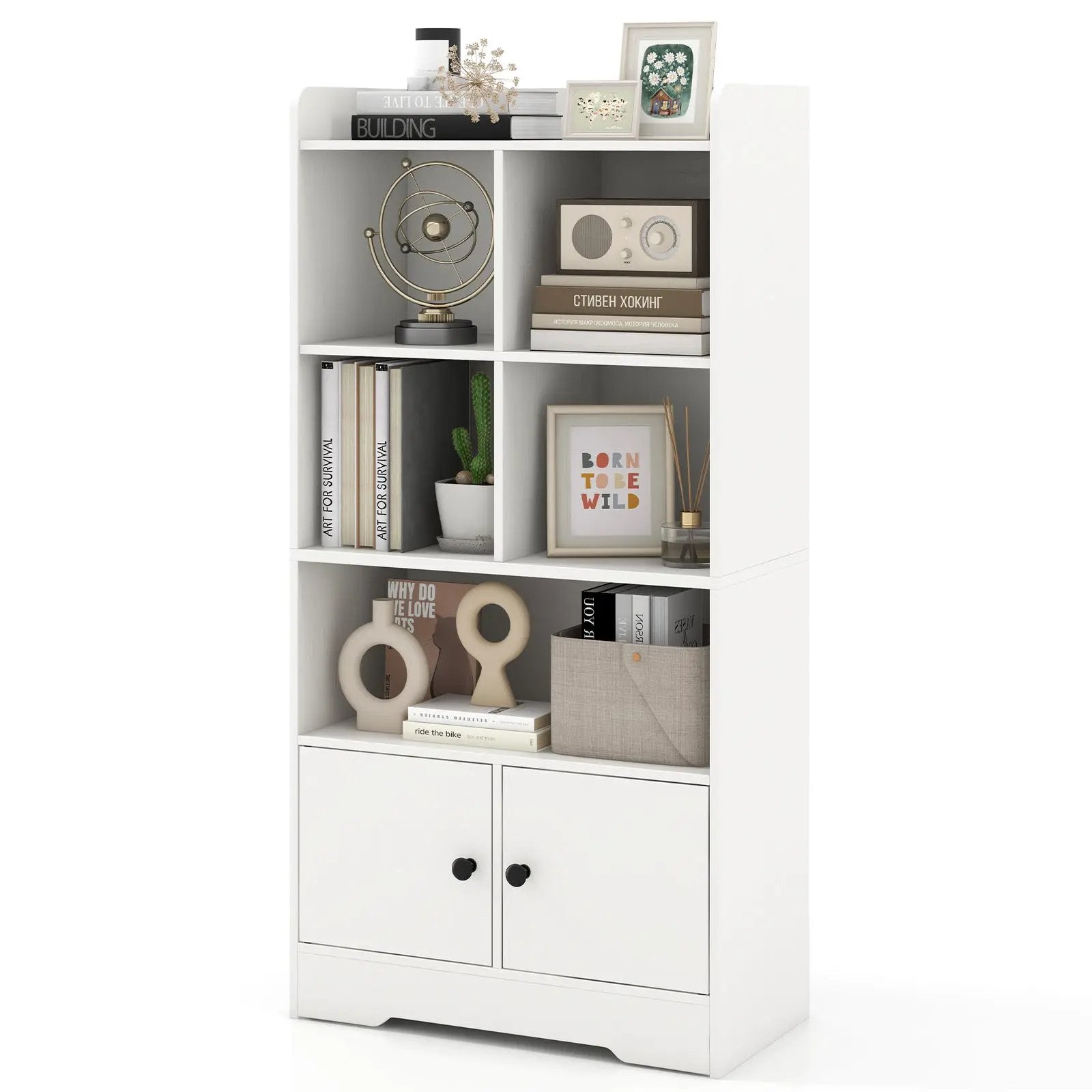 4 Tiers Bookshelf with 4 Cubes Display Shelf and 2 Doors by DirectDeals