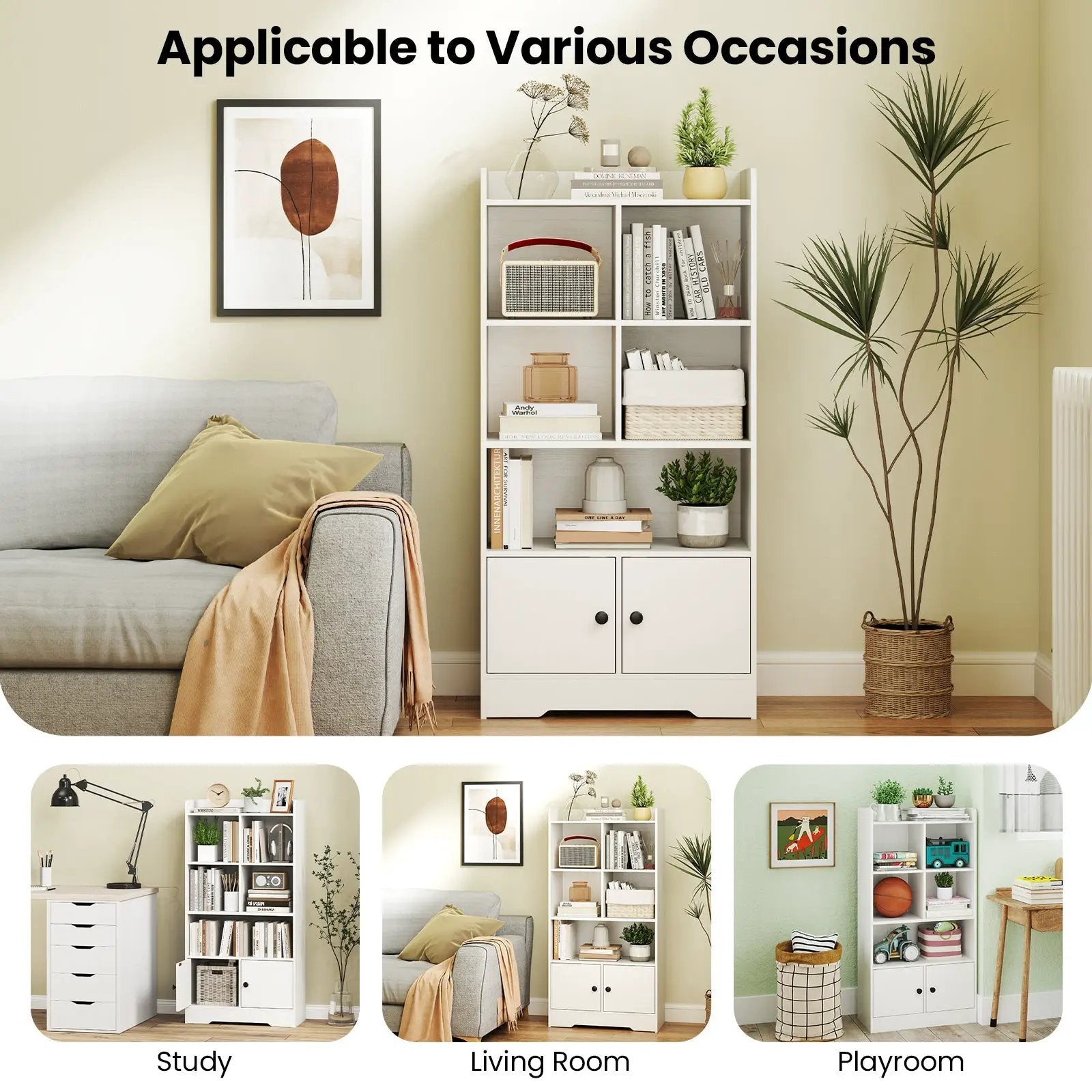 4 Tiers Bookshelf with 4 Cubes Display Shelf and 2 Doors by DirectDeals