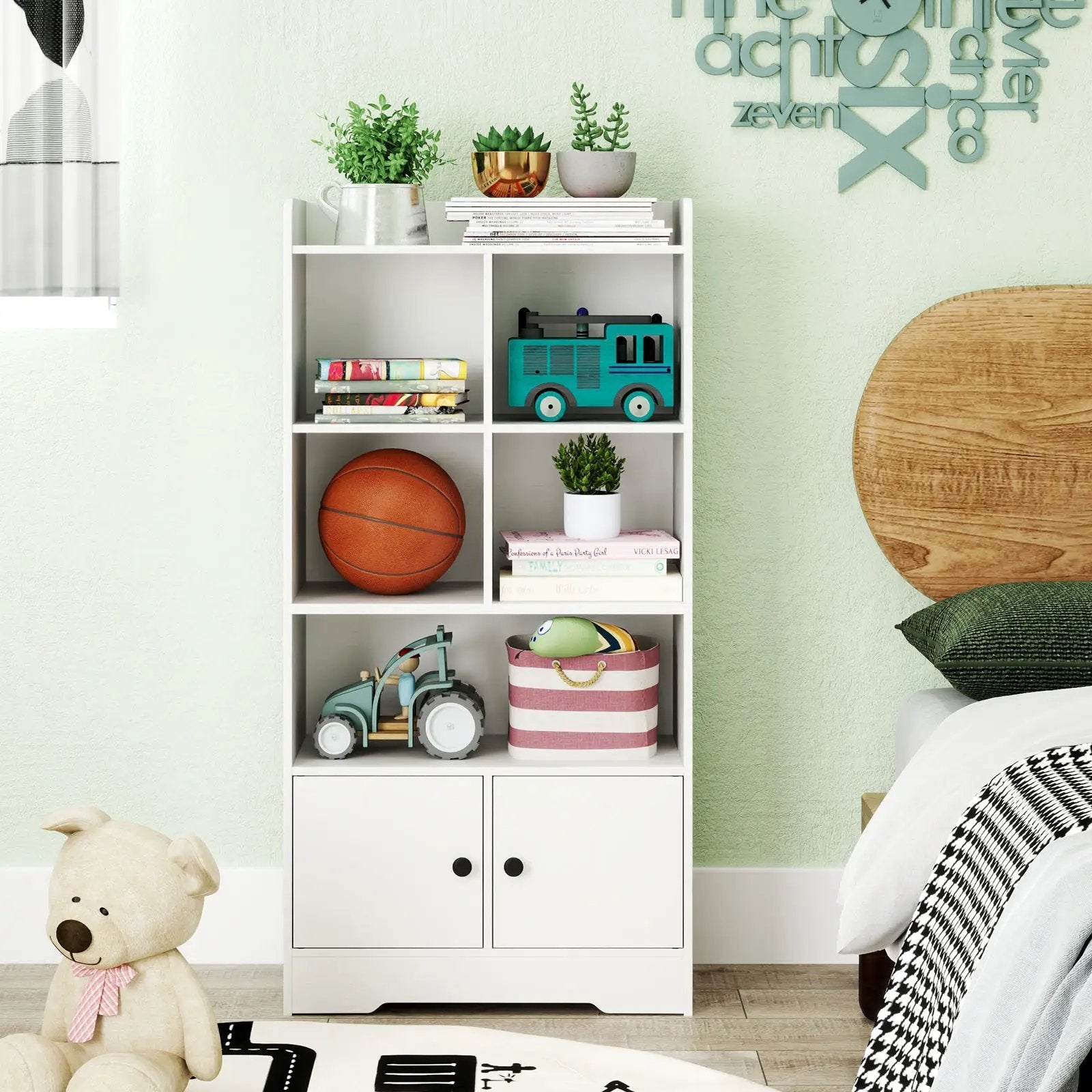 4 Tiers Bookshelf with 4 Cubes Display Shelf and 2 Doors by DirectDeals