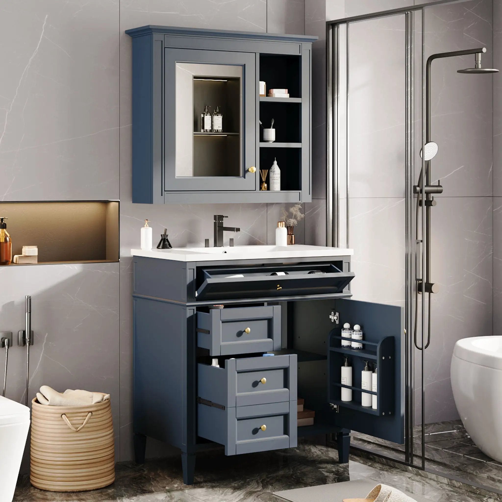 Bathroom Vanity With Medicine Cabinet, Royal Mirror Cabinet, Modern Bathroom Storage Cabinet With 2 Soft Closing Doors And 4 Drawers by Unique Piece Furniture