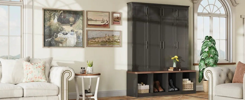 Farmhouse Hall Tree with 4 Hidden Hanging Hooks and Storage Bench by HouseOfZazla