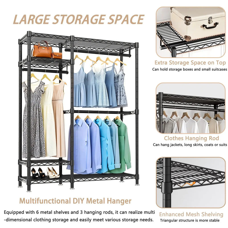 Freestanding Clothes Rack, With 6 Adjustable Wire Shelves And 3 Garment Rails - Black by Unique Piece Furniture